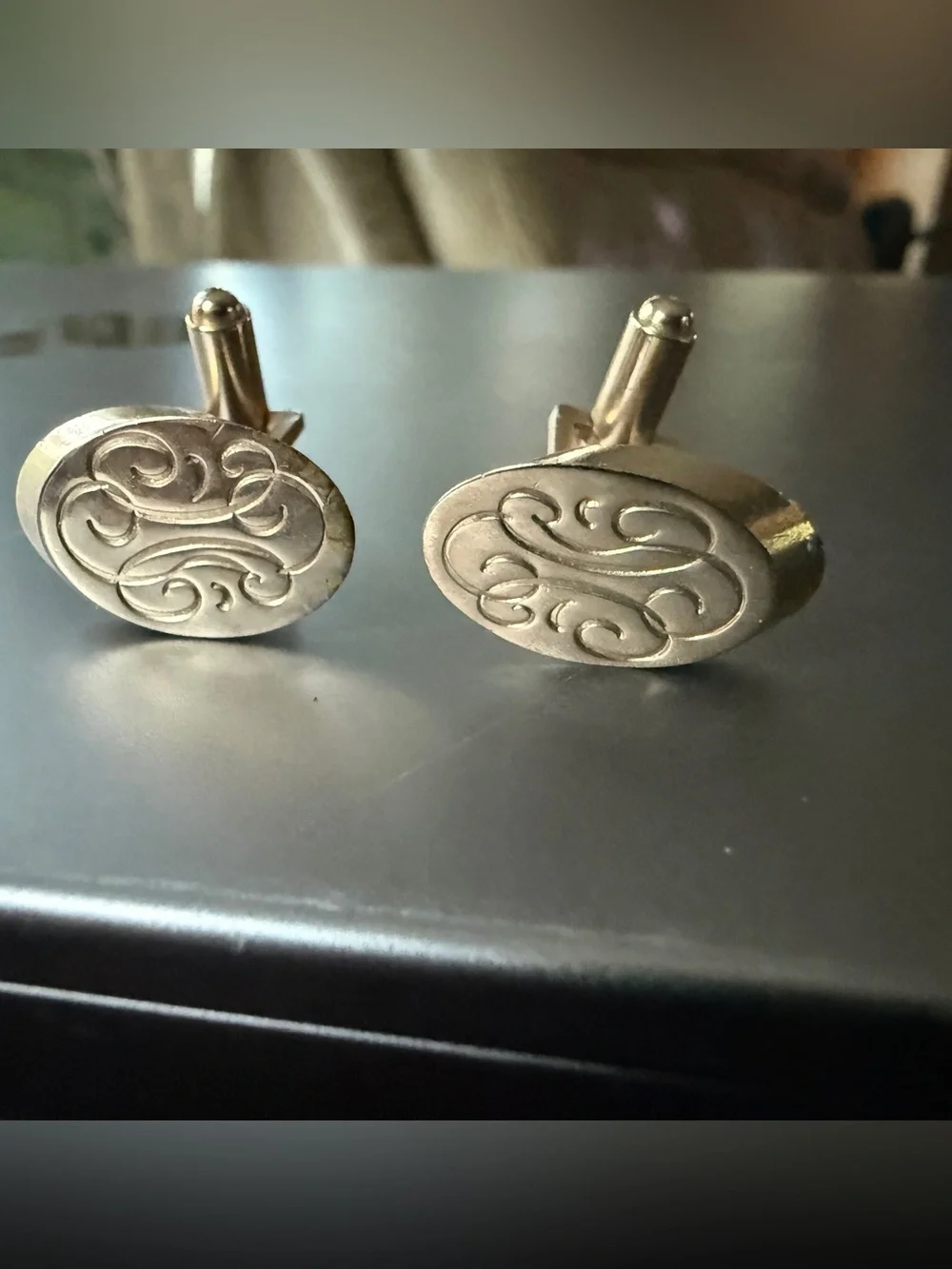 Vintage Gold Tone Oval Engraved Scroll Cufflinks Classic Mens Formal Accessory